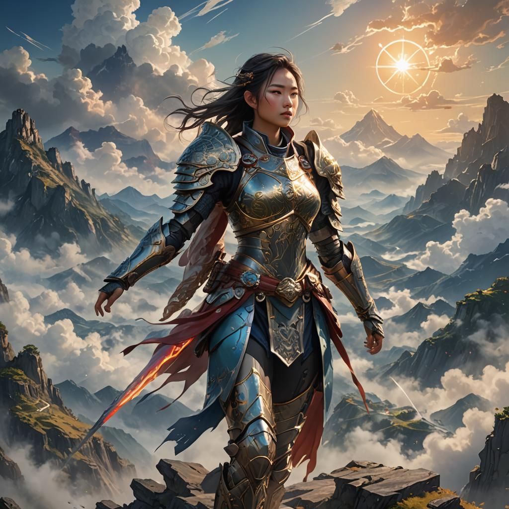 Armored Woman on Mountaintop in Anime Style