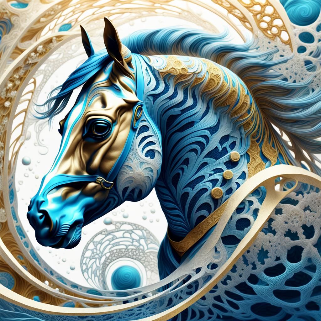 Majestic Golden Horse Emerging from Lace in Surreal 3D