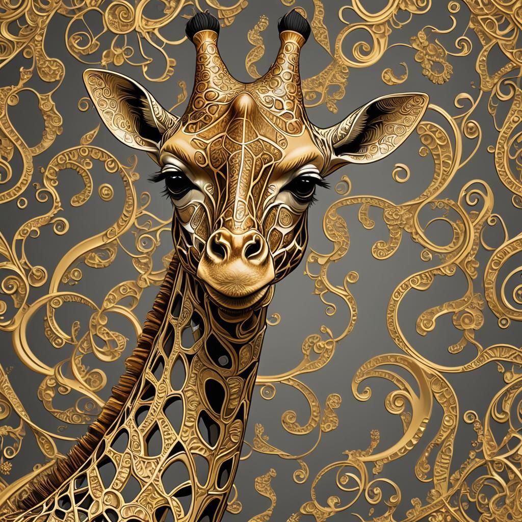 Surreal Giraffe Head in Vibrant Gold Filligree Style