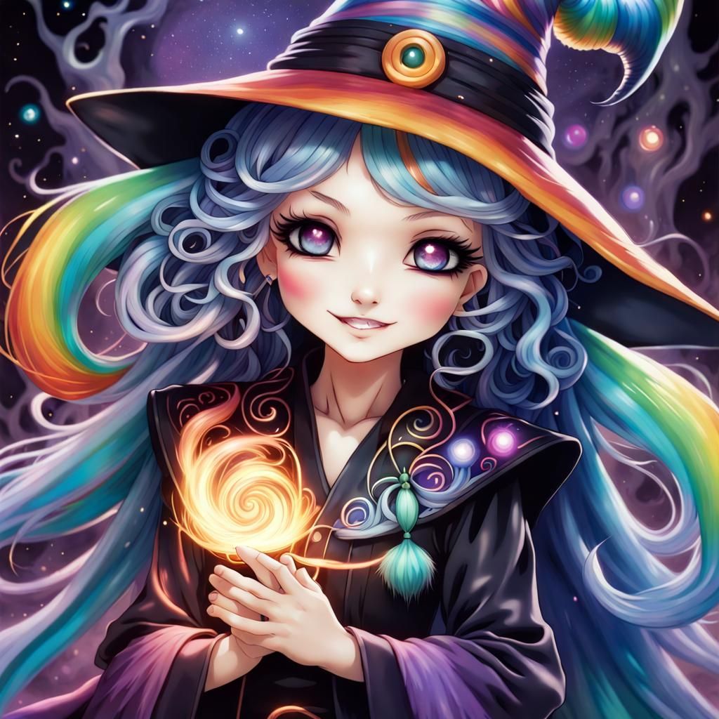 Anime Witch with Rainbow Hair, Detailed Illustration
