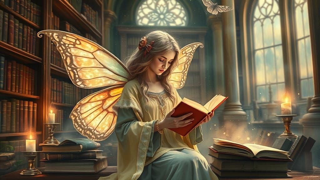 Ethereal Librarian with Butterfly Wings in Watercolor Style