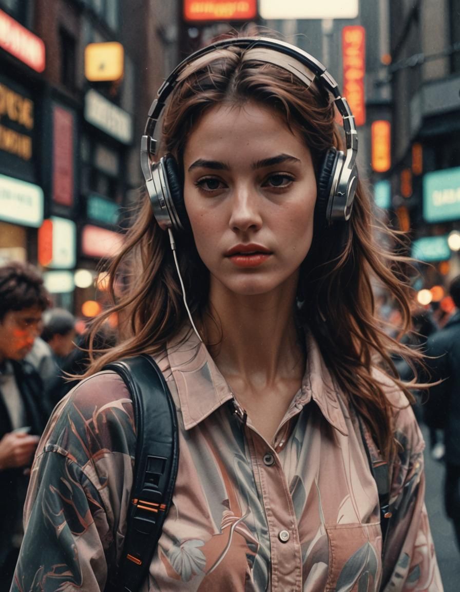 90s Retro Girl Listening to Music on Walkman