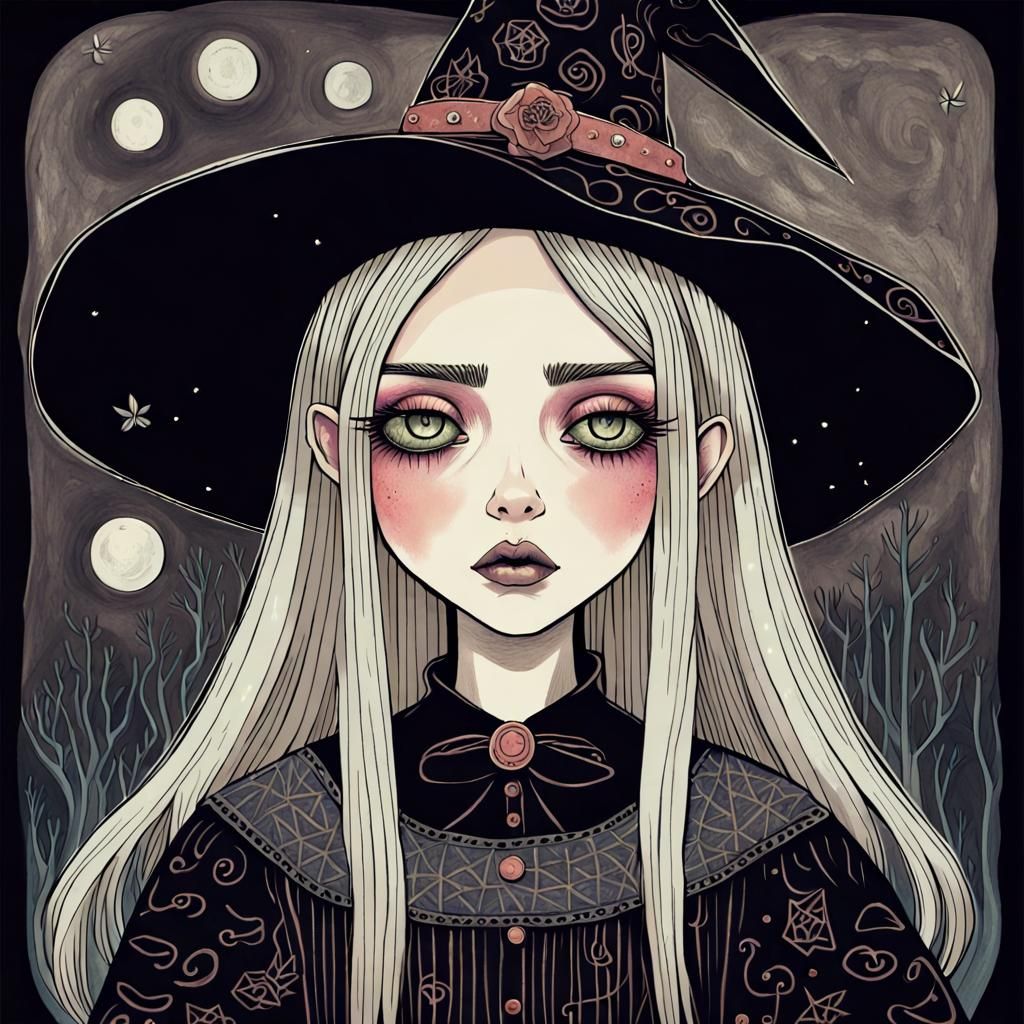 Pouty Witch Girl in Art Brut Style