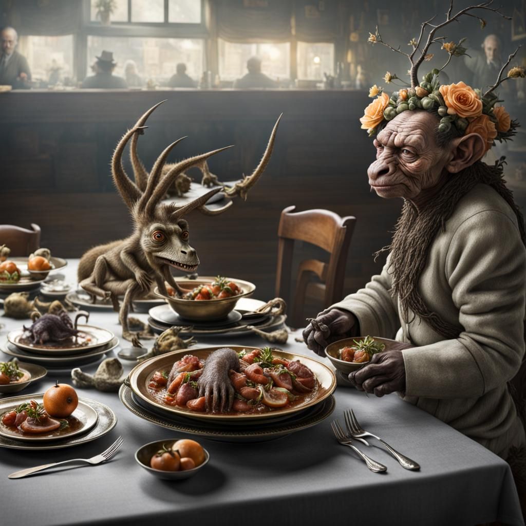 Surreal Restaurant with Bizarre Food, Detailed Painting