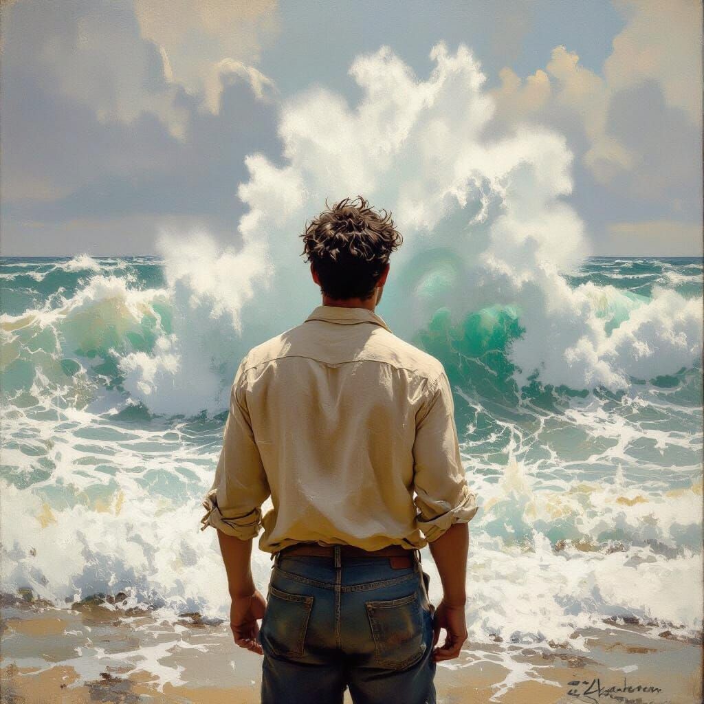 Man and Ocean Waves Inspired by Impressionist Masters