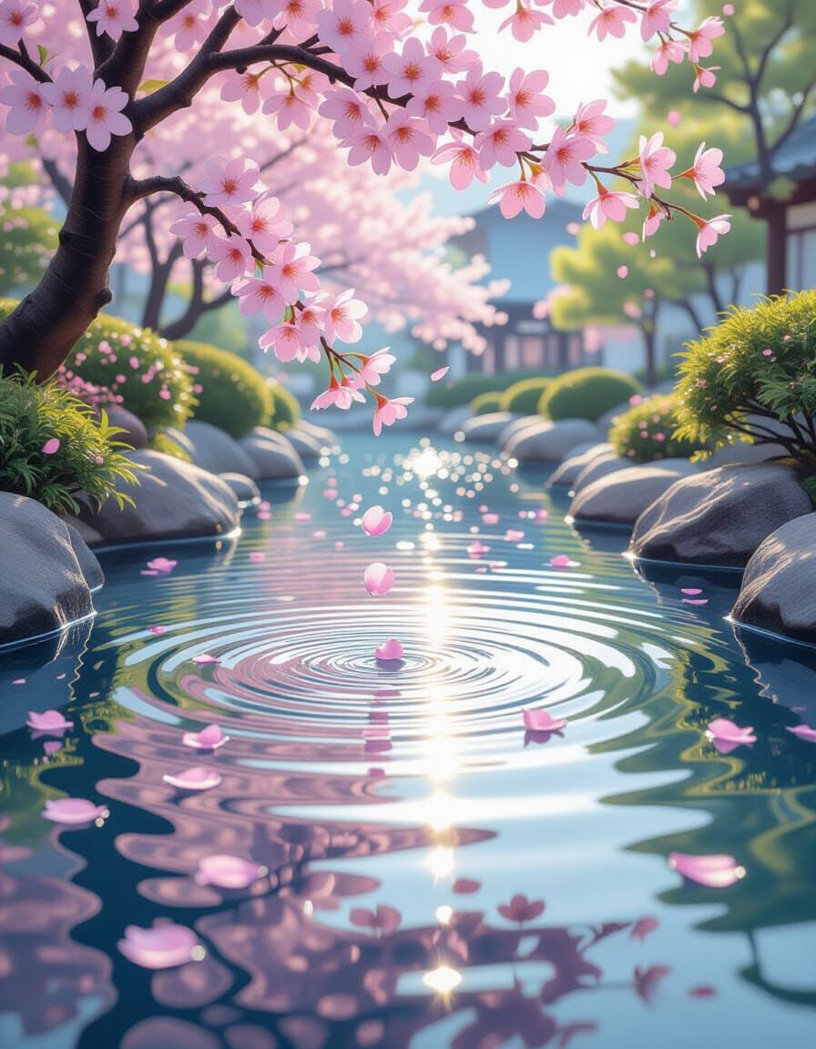 Cherry Blossom Falling into Water, Watercolor Style