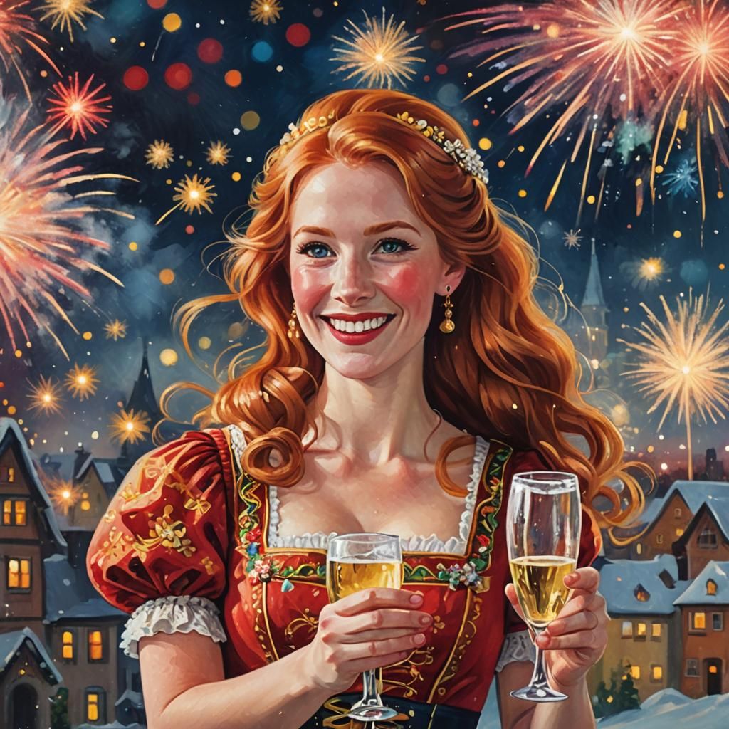 Redhead in Dirndl Dress Celebrates New Year