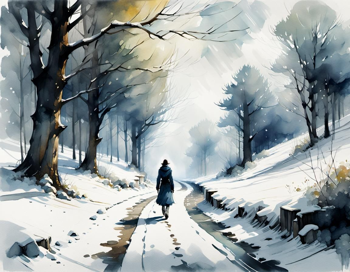 Fantasy Snow Path: Digital Watercolor Illustration