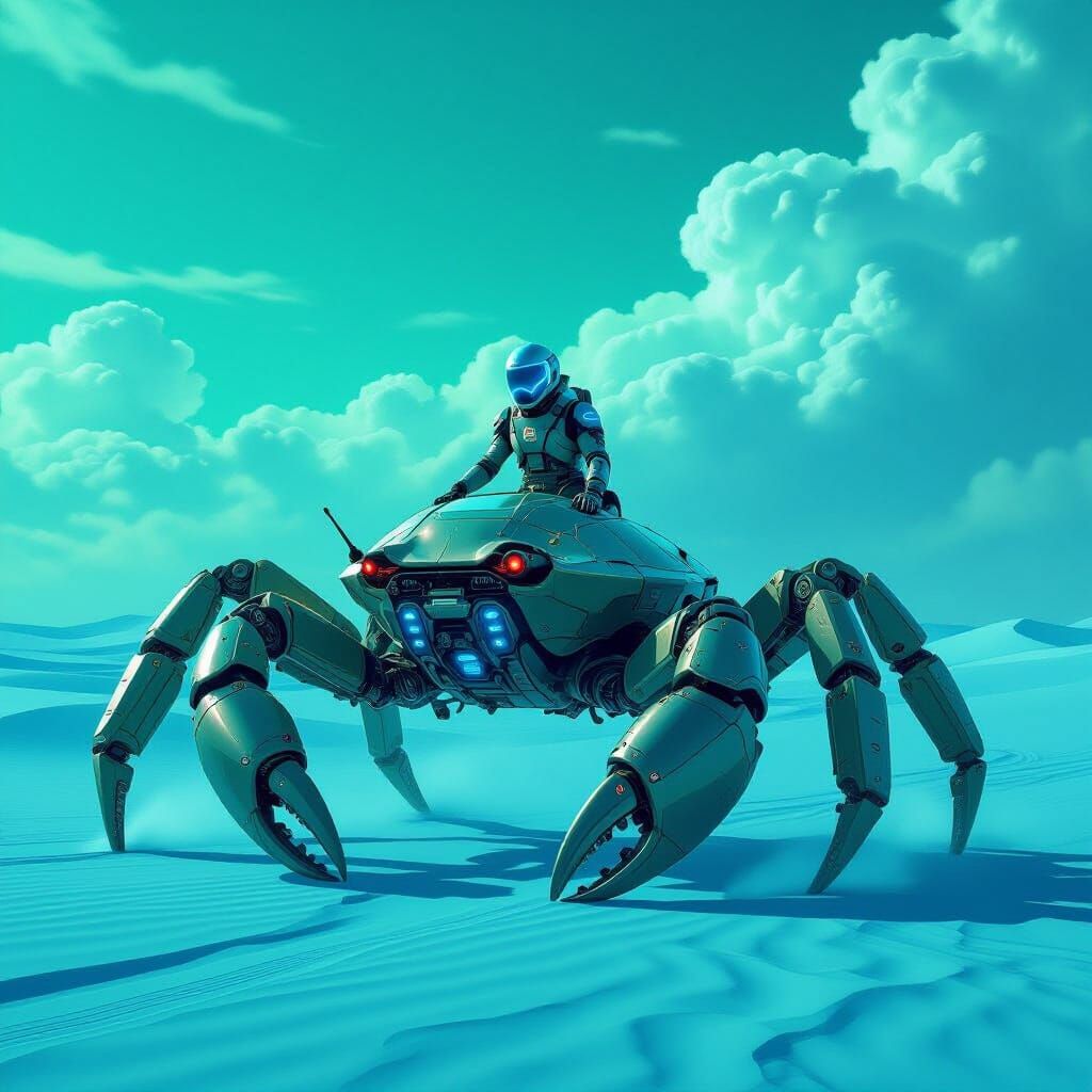 Futuristic Rider on Colossal Robot Crab