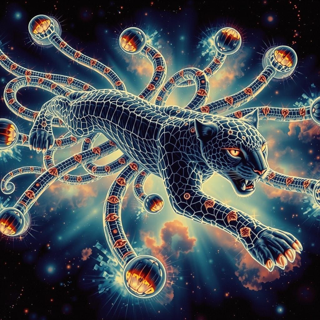 Electric Jaguar Soars Through Cosmic Nebula in Prismatic Hue...