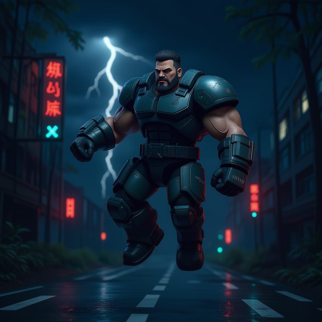 Muscular Roblox Warrior in Cyberpunk City Forest