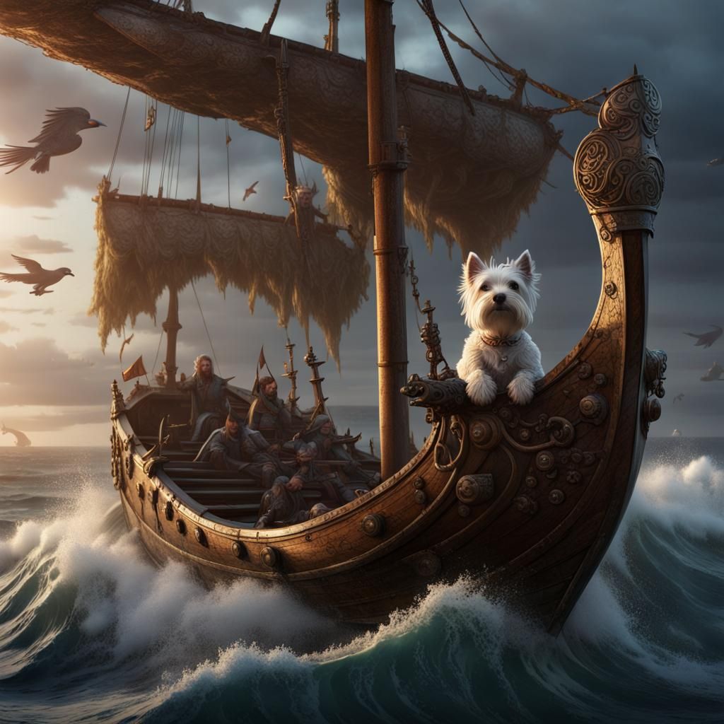 Westie Viking Boat: Dark Fantasy Concept Art