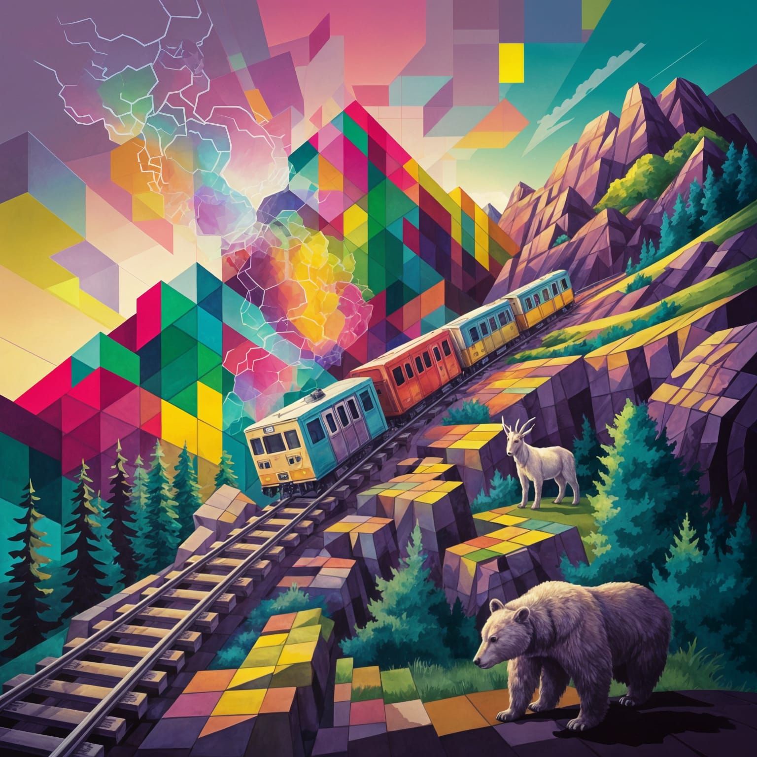 Surreal Cubist Watercolor Mountain Railway Scene
