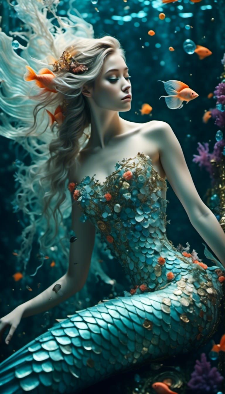 Albino Mermaid in Colorful Coral Reef: Digital Painting