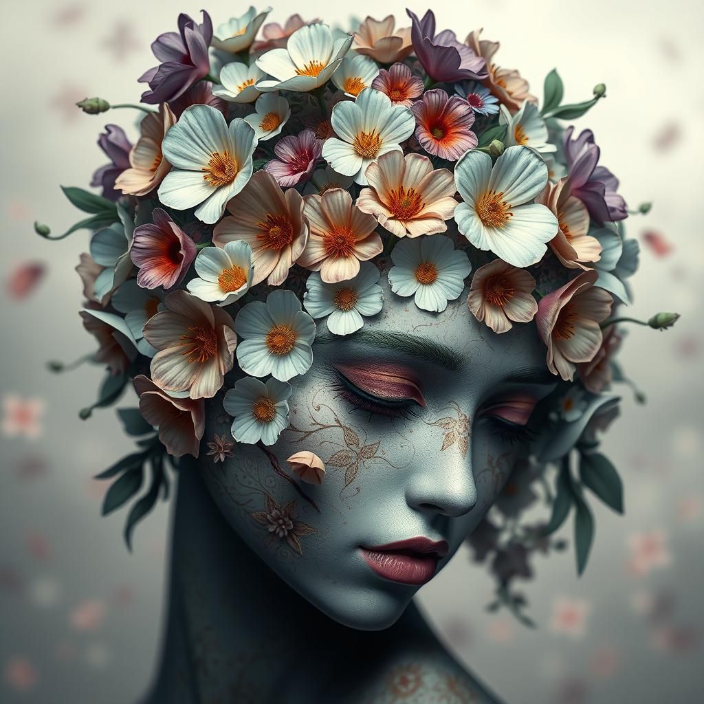 Floral Face: Detailed Fantasy Art in Deep Color