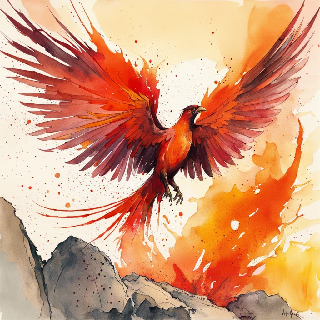 Fiery Phoenix Soaring in Watercolor Style