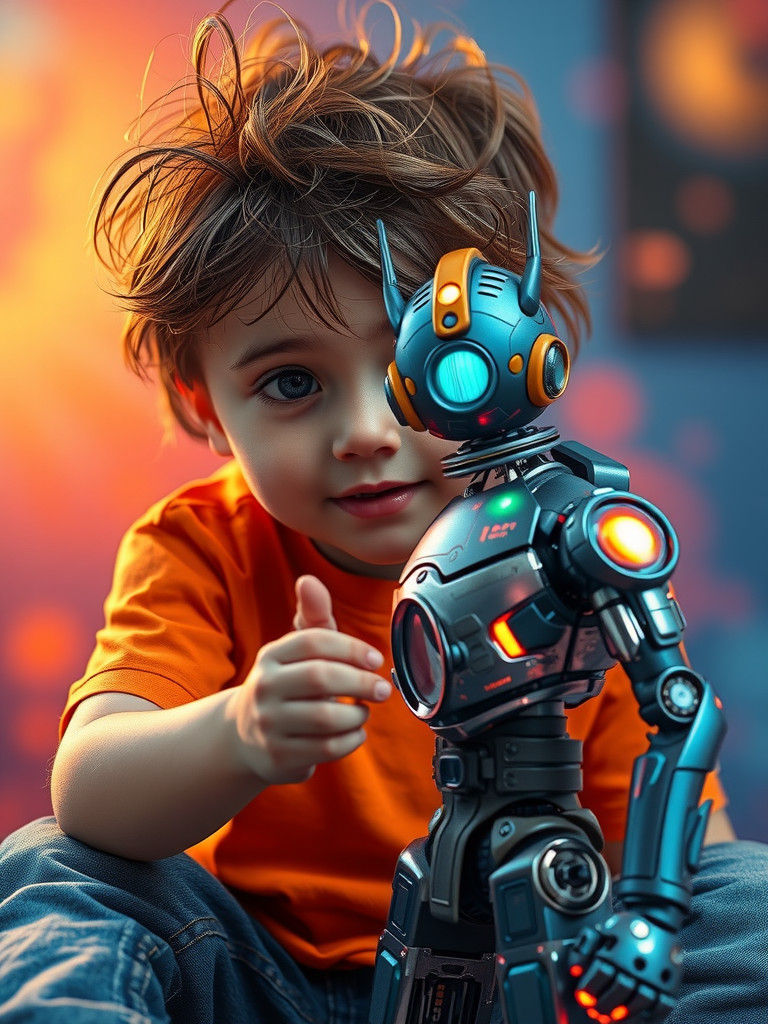 Child with Futuristic Robot Toy in Hyperrealistic Style