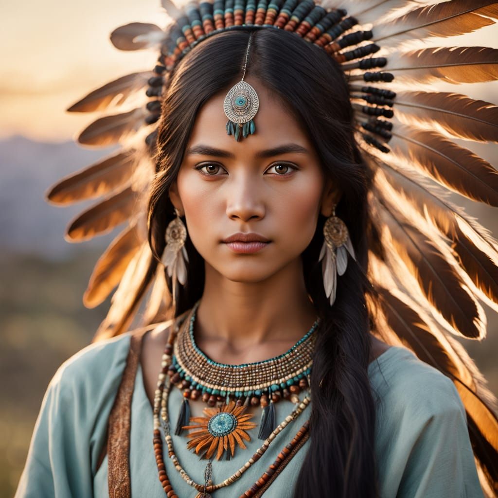 Native American Woman in Serene Landscape