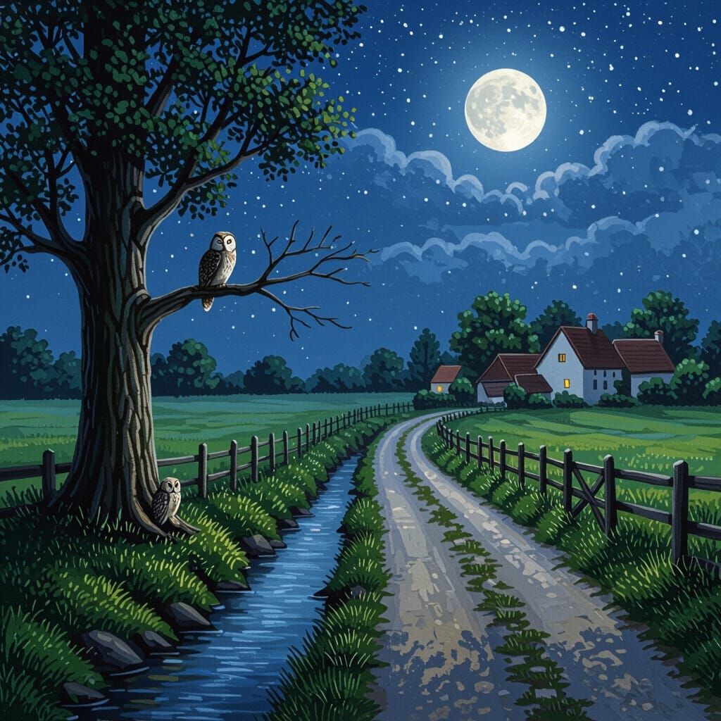 Starry Night Country Lane with Owl Overlooking Village