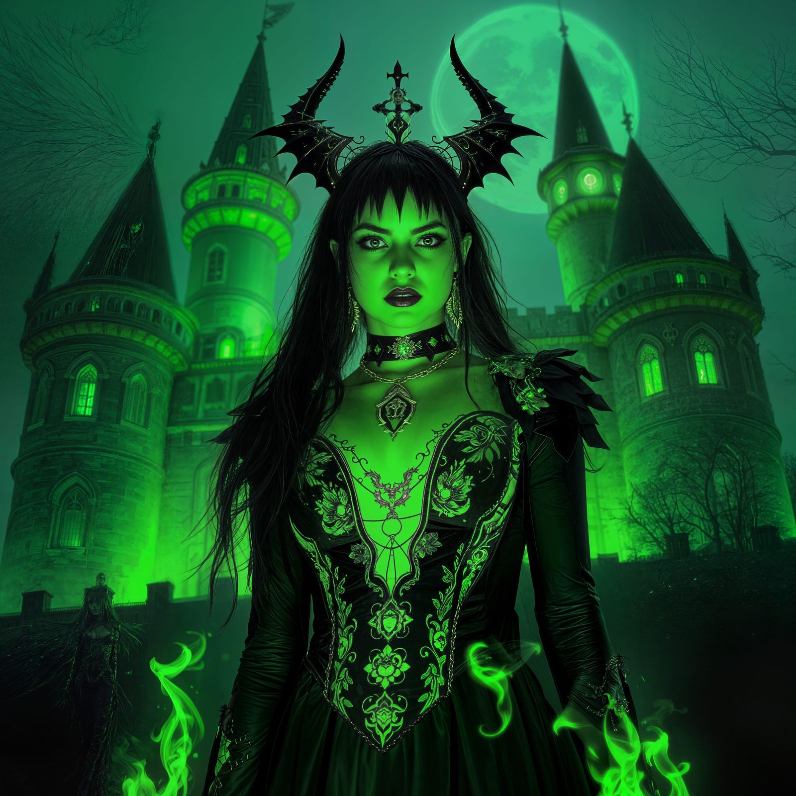 Neon Gothic Vampiress Portrait with Green Aura