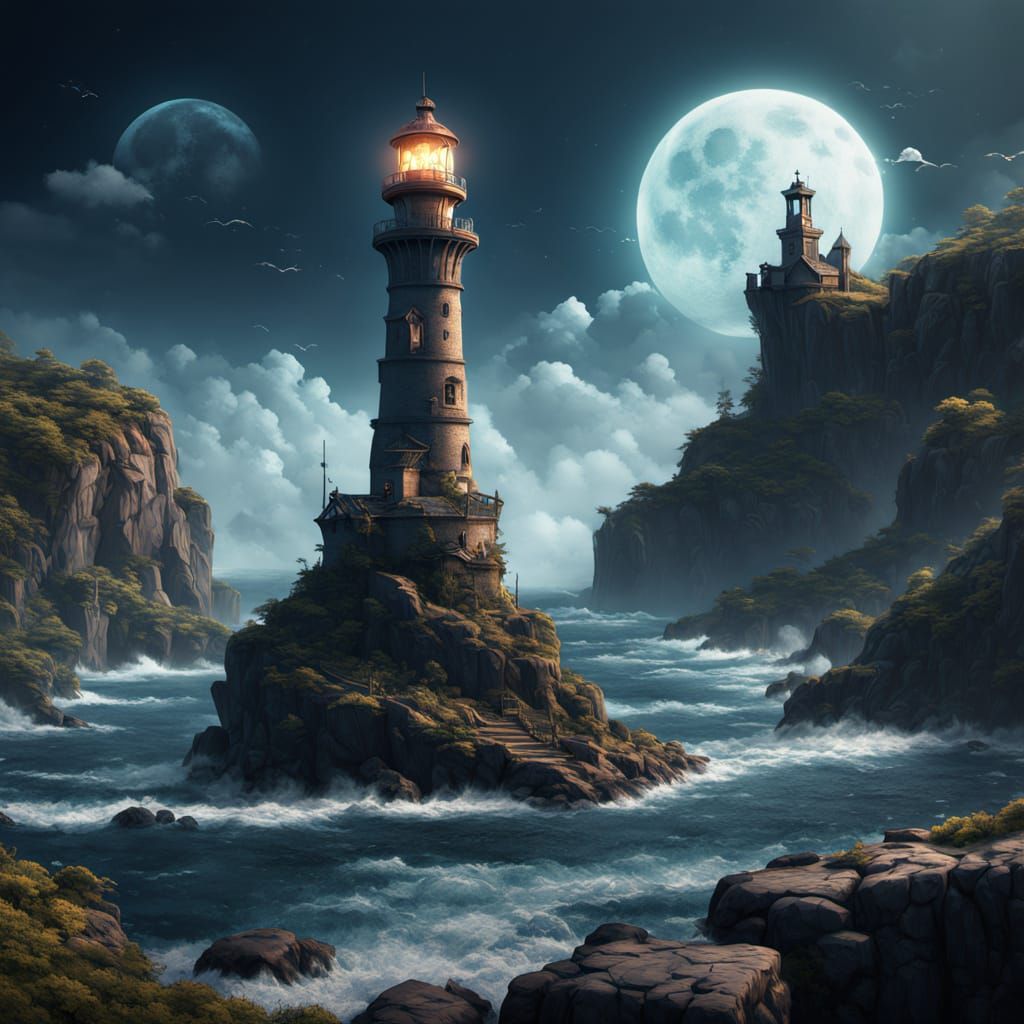 Mermaid Gazes at Moonlit Lighthouse in Detailed Matte Painti...