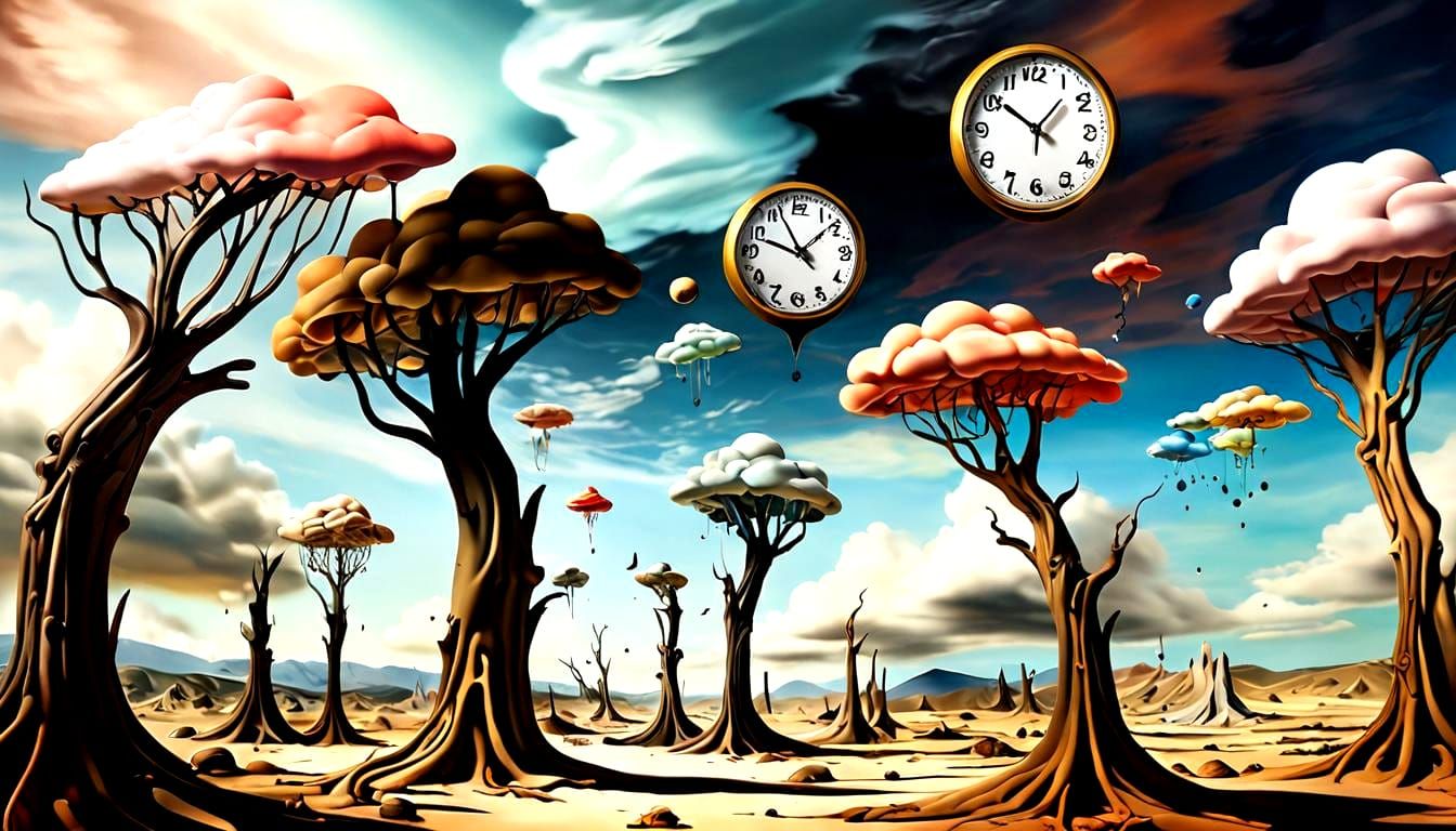 Dreamlike Surreal Landscape with Melting Clocks