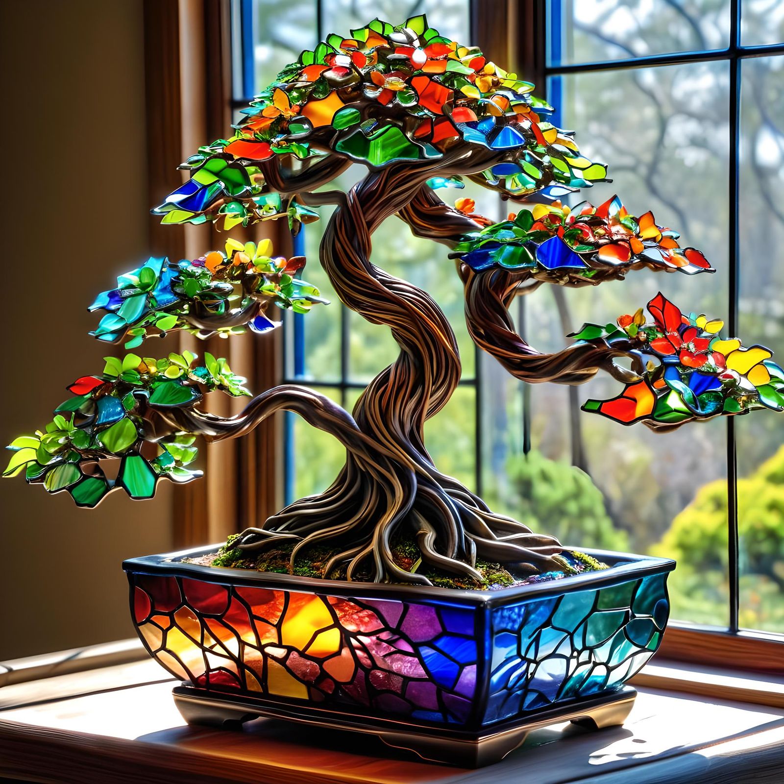 Glass Bonsai Sculpture in Stained Glass Pot