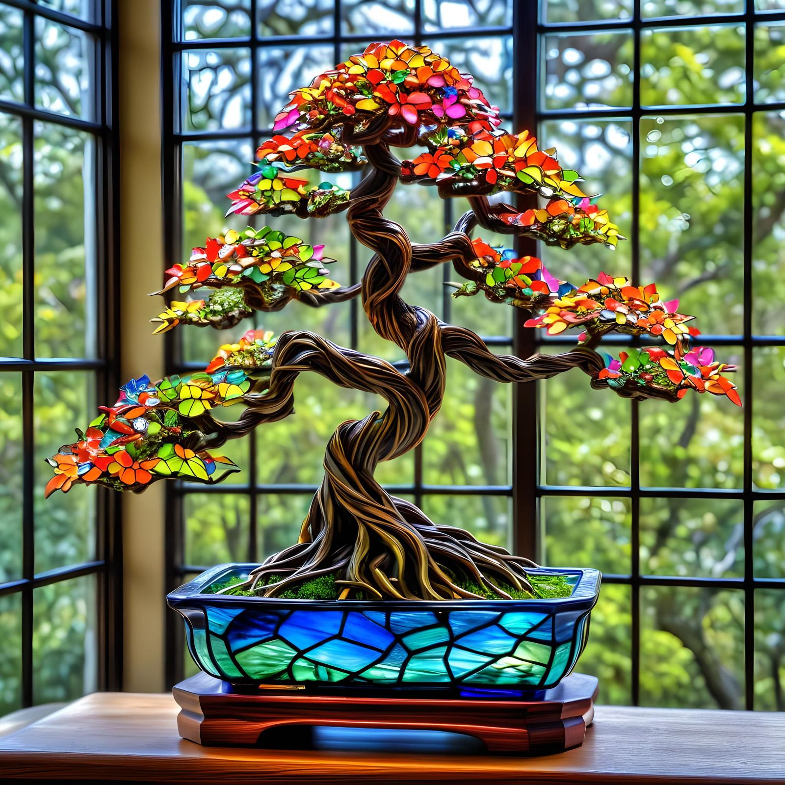 Glass Bonsai Sculpture in Stained Glass Pot