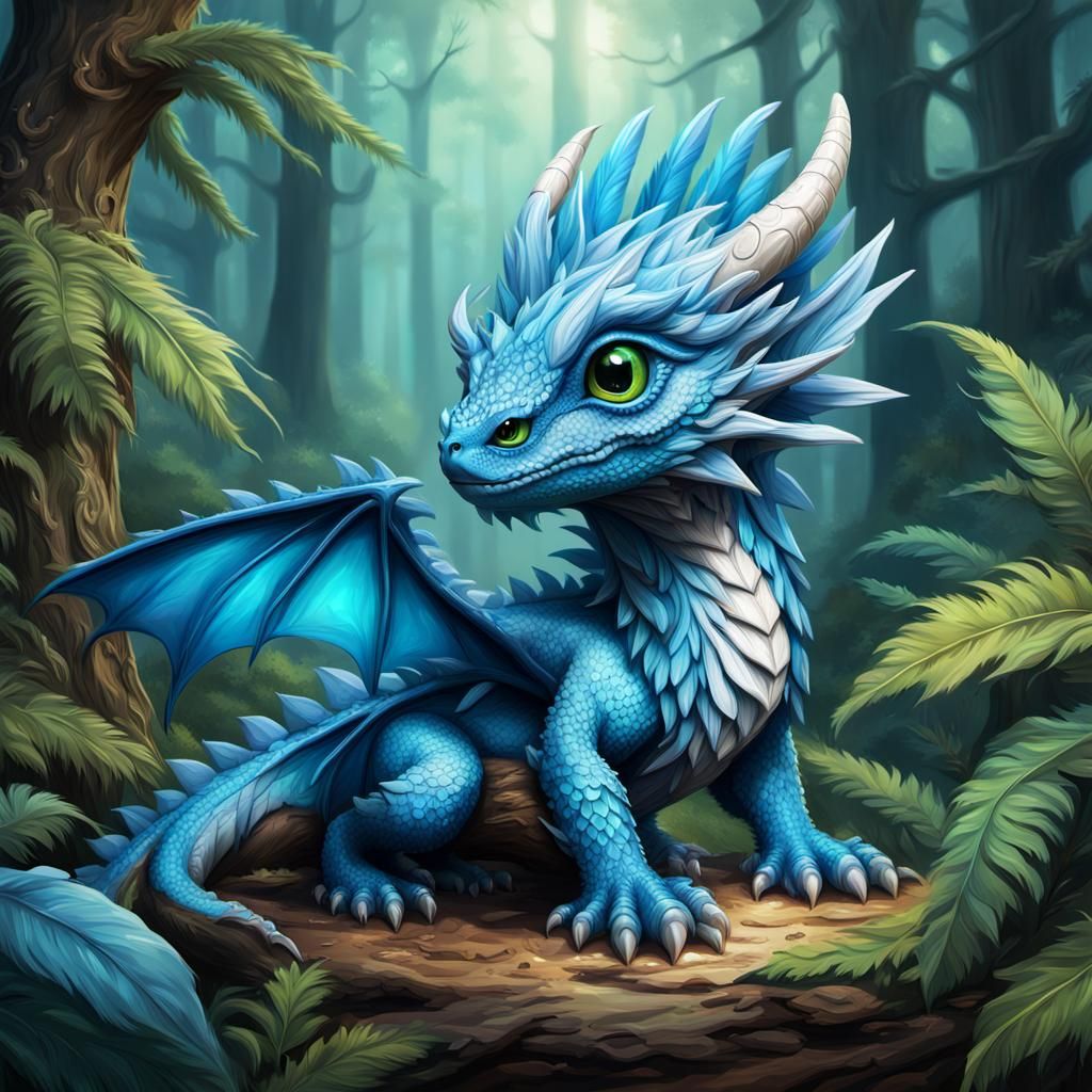 Blue Feathered Dragon in a Detailed Forest