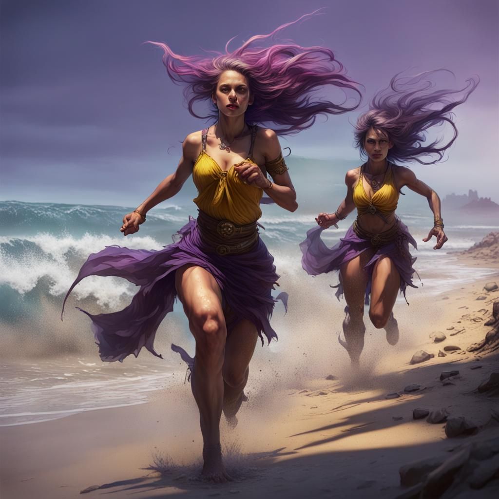 Mutant Girls Run on Beach: Dark Fantasy Art