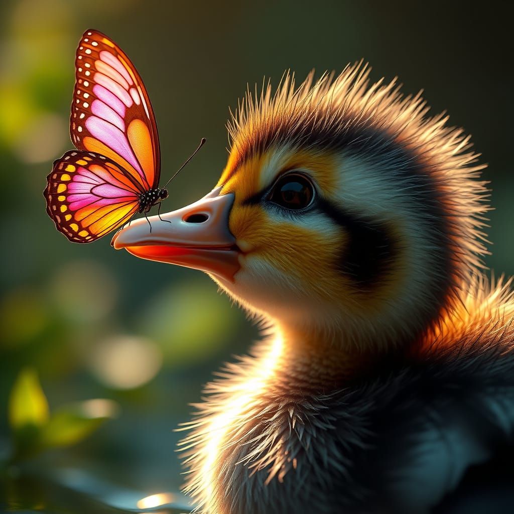 Hyperrealistic Duckling in Awe of Glowing Butterfly