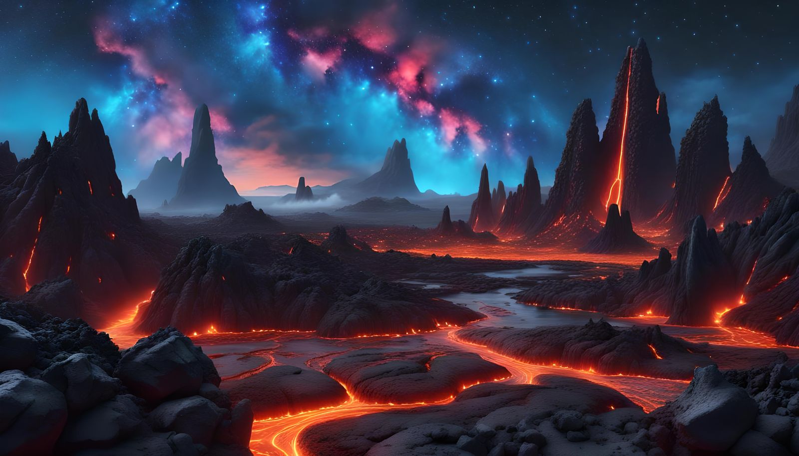 Extraterrestrial Lava World with Blue Stars and Nebula