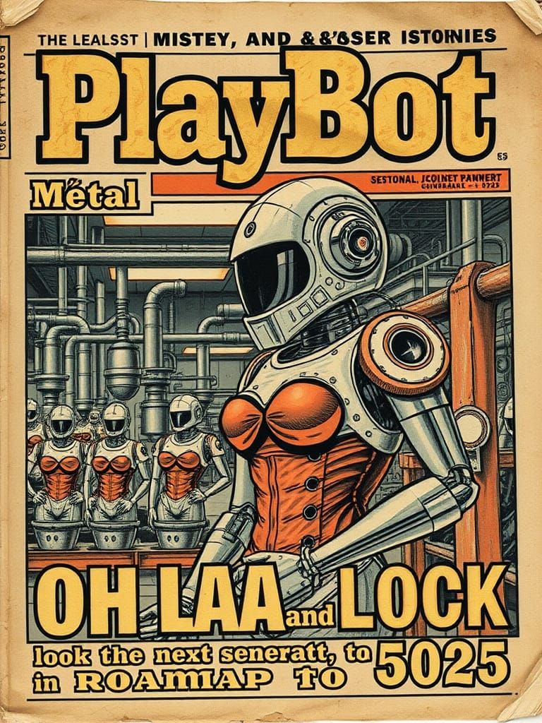 Retro-Futuristic Robot Factory on Sci-Fi Magazine Cover