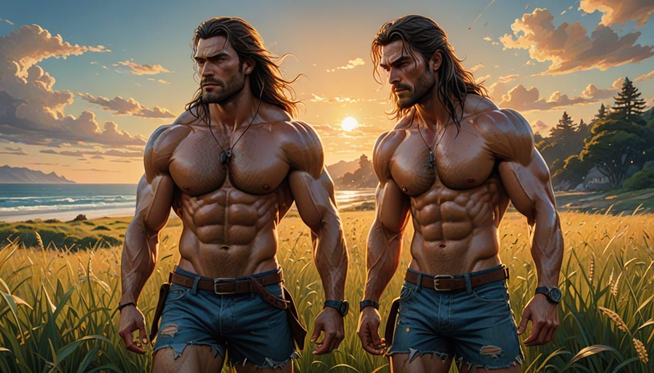 Muscular Men in Tiny Briefs Play in Meadow Near Beach