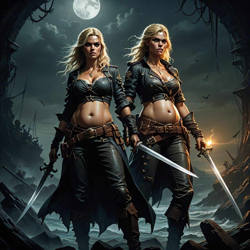 Pregnant Pirate Women Pose With Swords in Moody Digital Art