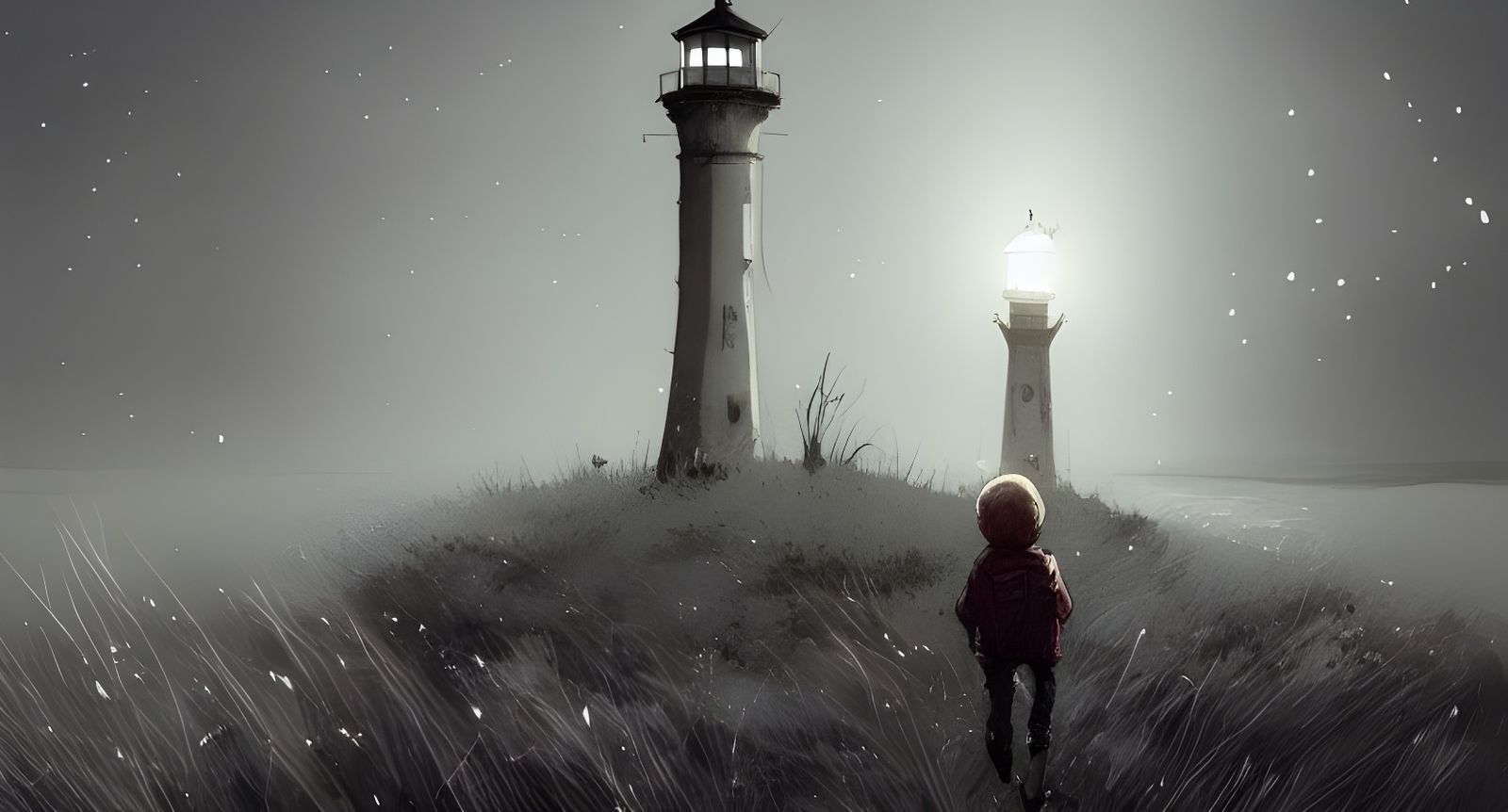 Boy's Night Walk to Lighthouse: Watercolor Art