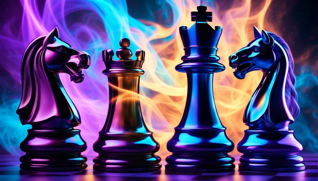 Celestial Chess: Opalescent Pieces Dissolving into Smoke