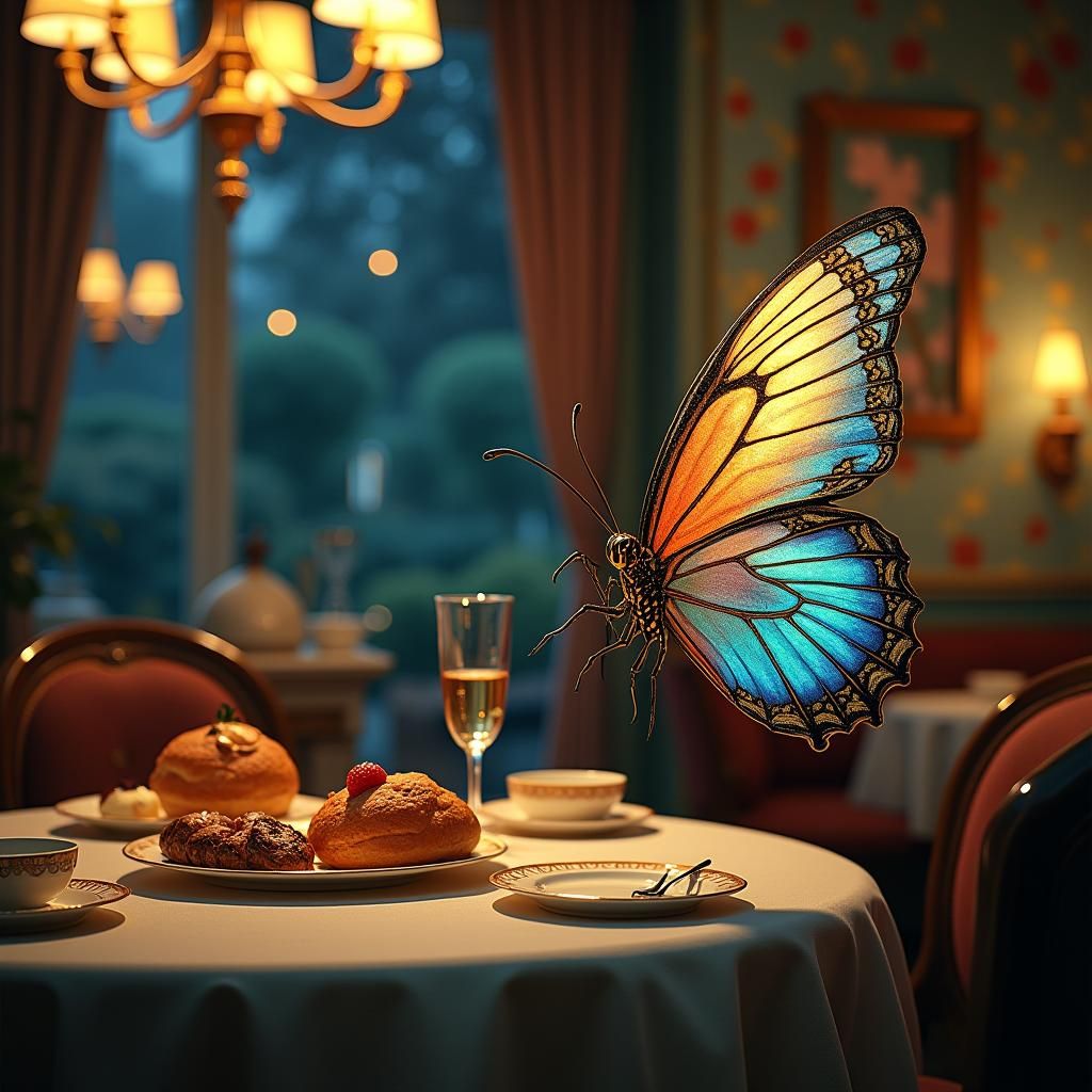 Butterfly in Art Nouveau Cafe with Candy Colors
