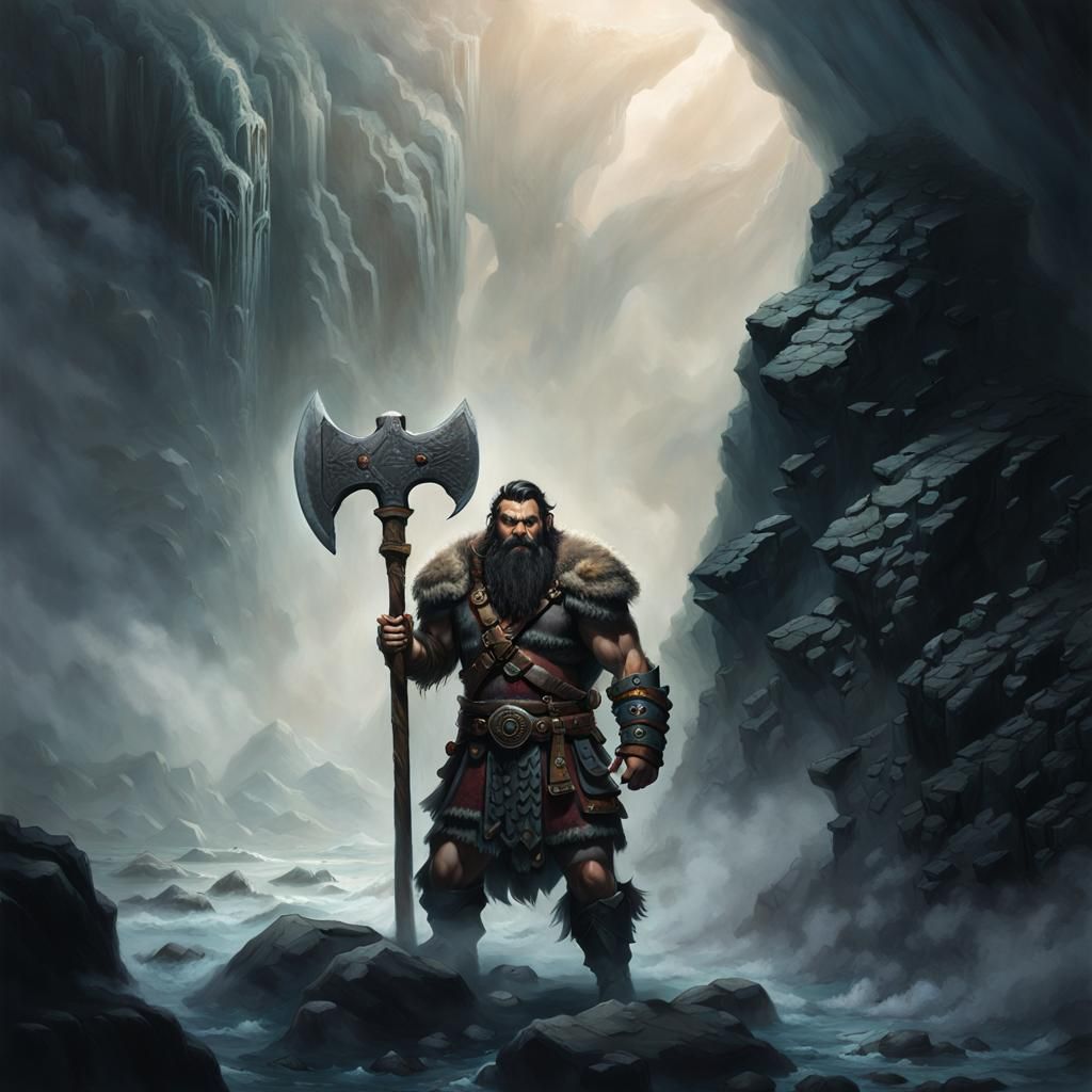 Mighty Dwarf Barbarian Scouting Foggy Cave
