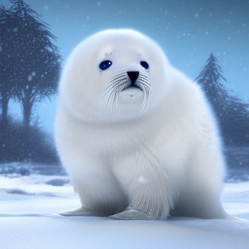 Cute Harp Seal Pup in Winter Snow