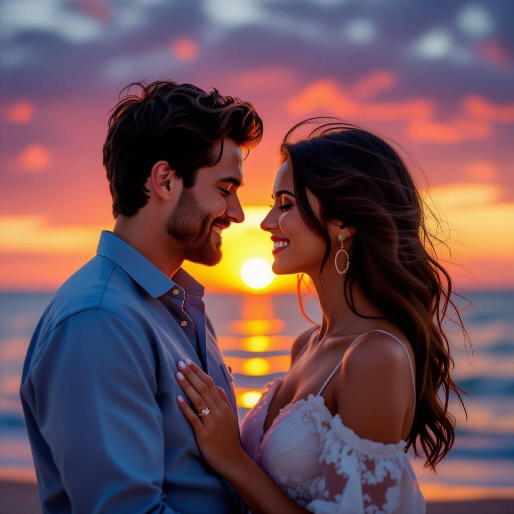 Joyous Couple Engaged at Sunset in Graffiti Art Style