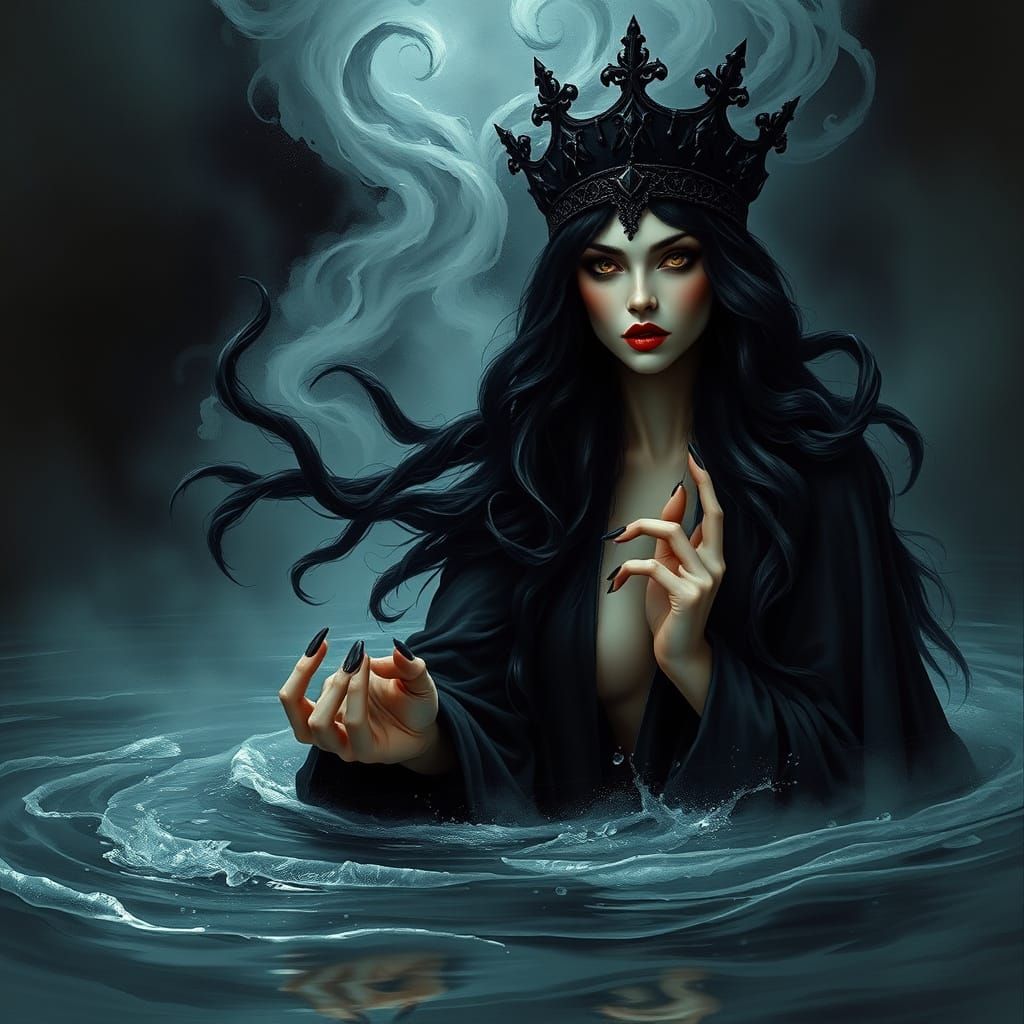 Dark Sorceress in Mystical River, Inspired by Frazetta, Gige...