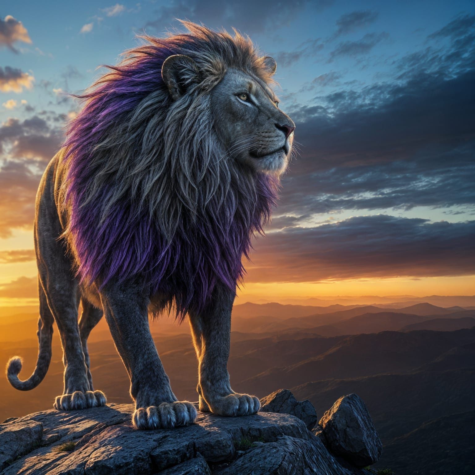 Amethyst Lion on Rocky Cliff at Sunset