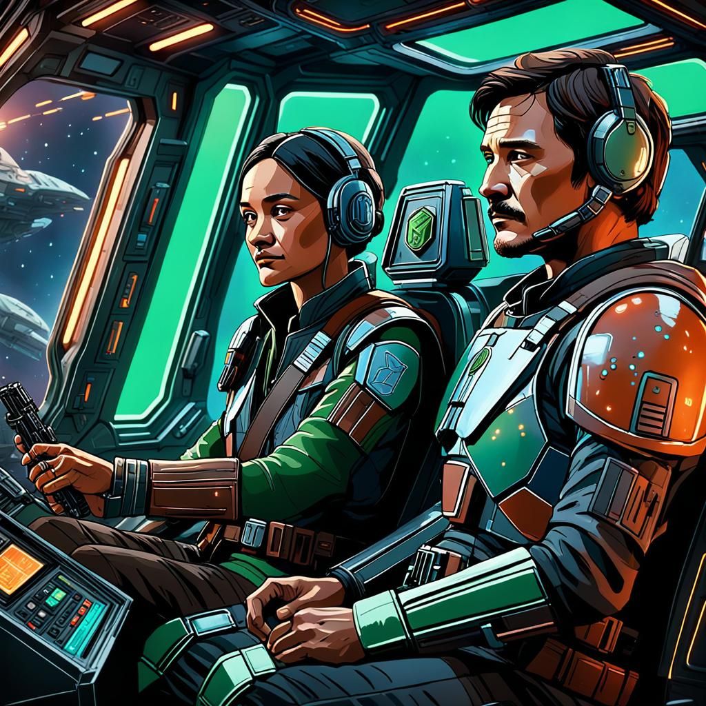 Mandalorian and Co-Pilot in Razor Crest Cockpit
