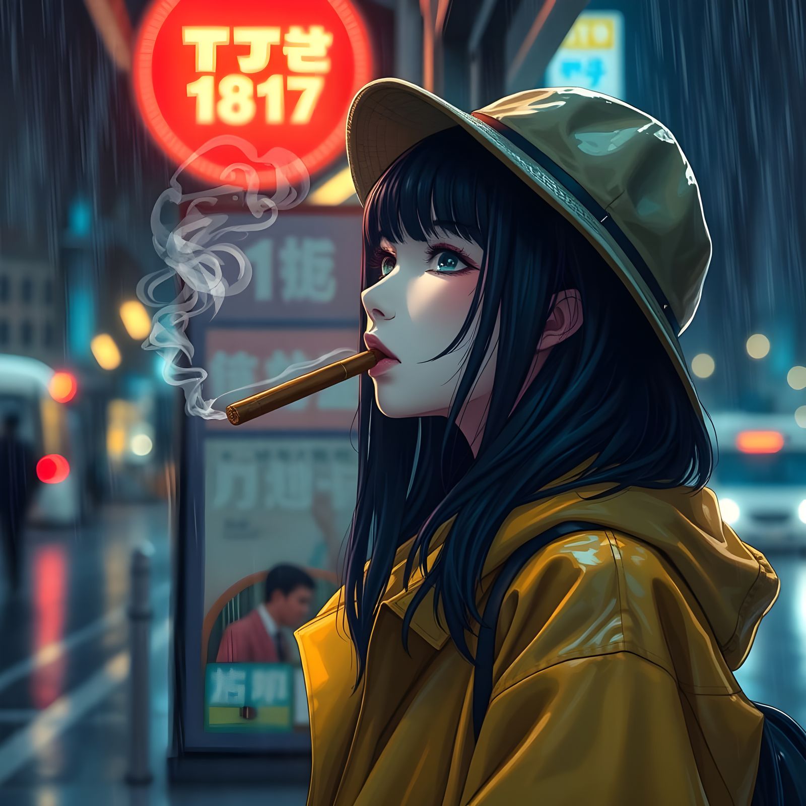 Noir Girl Smoking Cigar in Rainy City