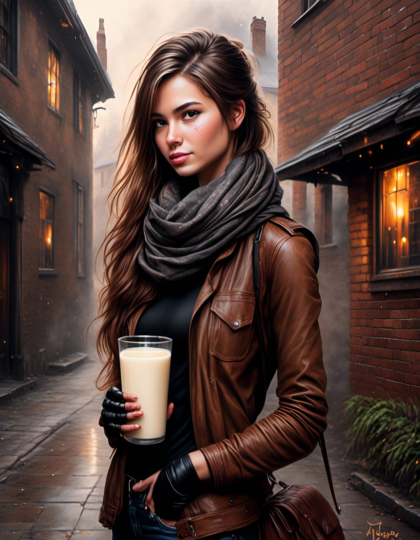 Pencil Sketch of Beautiful Woman in Fantasy City