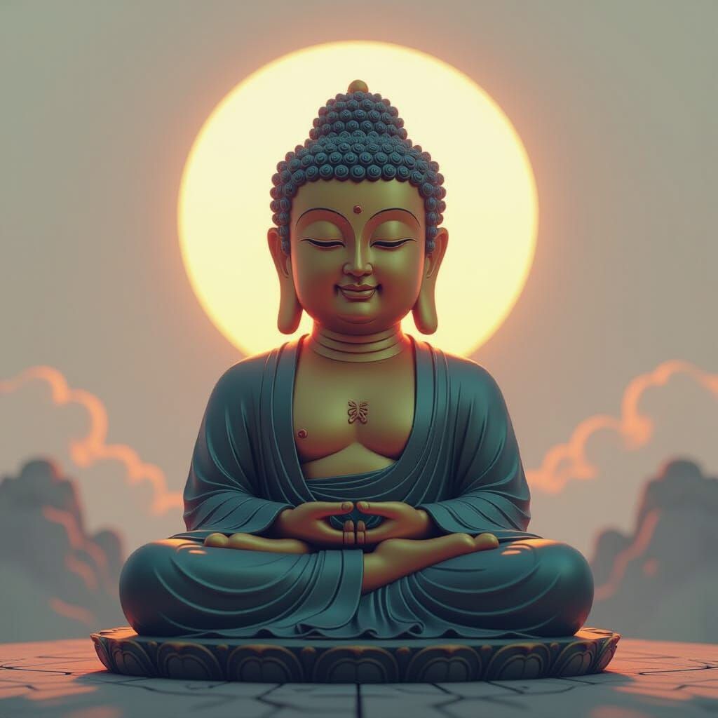 Smiling Buddha Statue Digital Painting with Ethereal Glow