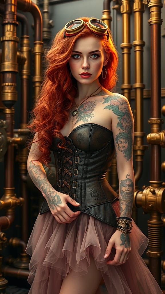 Steampunk Nordic Woman with Red Hair and Tattoos