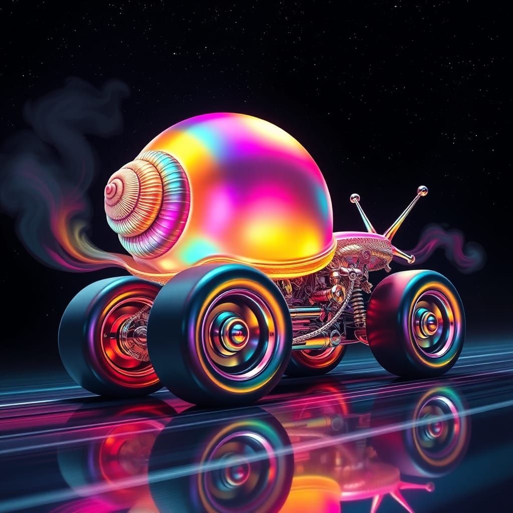 Iridescent Snail Vehicle Speeds Through Starry Expanse