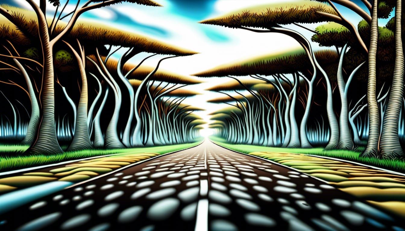 Hyperrealistic Road to Horizon with Trees